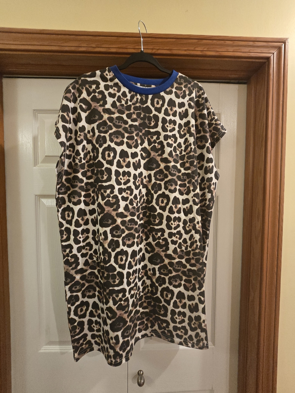 Leopard Print Mini Dress with Blue Crew Neck